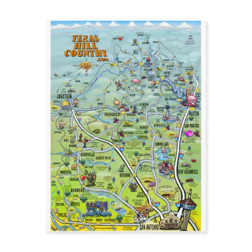 TX Hill Country Cartoon Map Postcard