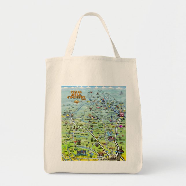 TX Hill Country Cartoon Map Tote Bag (Front)