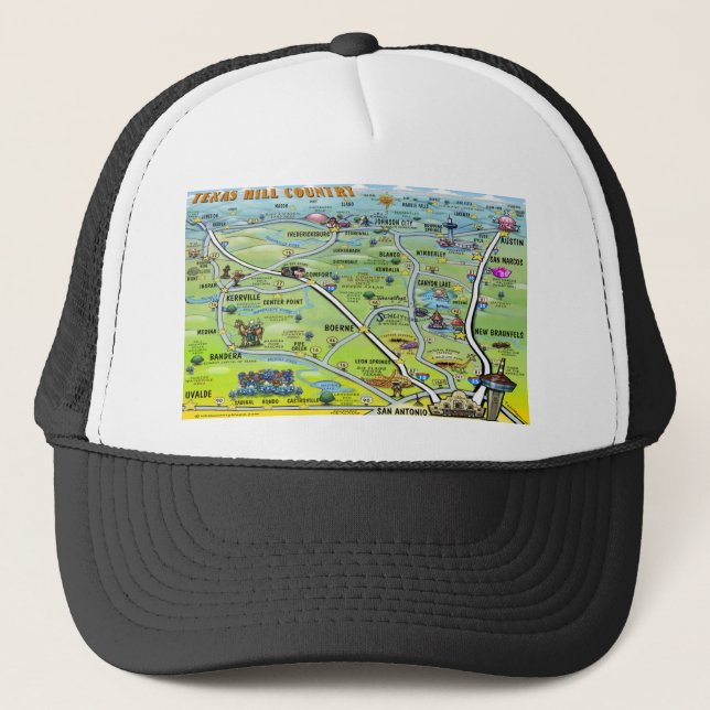 TX Hill Country Cartoon Map Trucker Hat (Front)
