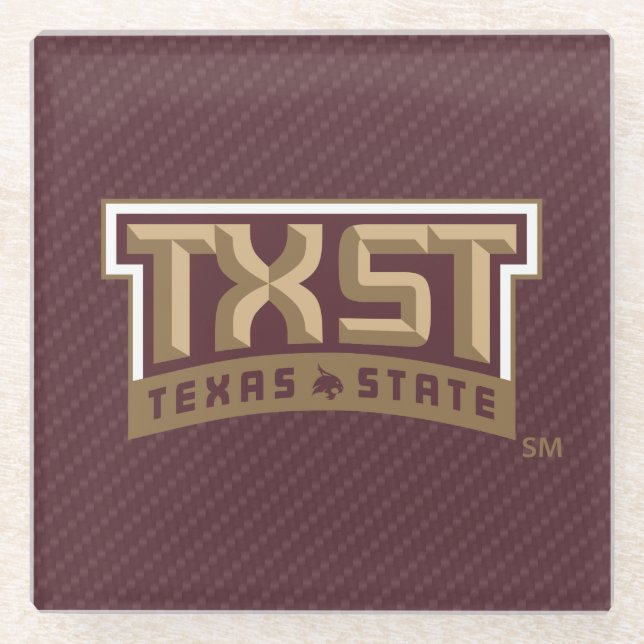TXST Wordmark Carbon Fiber Pattern Glass Coaster (Front)