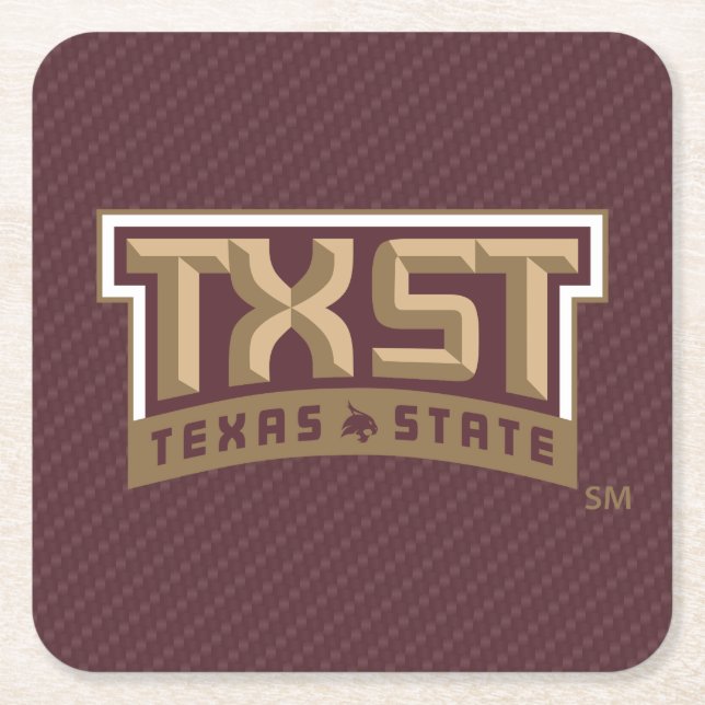 TXST Wordmark Carbon Fiber Pattern Square Paper Coaster (Front)