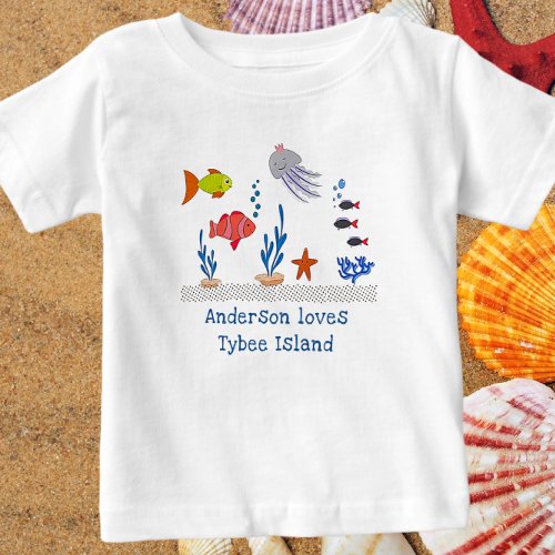 Tybee Island GA Fun Ocean Fish with Childs Name Baby T_Shirt