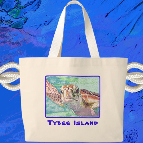 Tybee Island Georgia Watercolor Sea Turtle Large Tote Bag