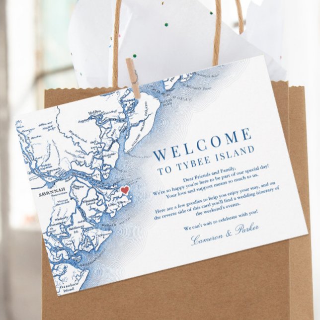 Tybee Island Navy Wedding Welcome Itinerary Thank You Card (Elegant Tybee Island Georgia Wedding Weekend Itinerary Card and Welcome letter with navy blue map)