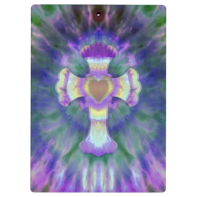 Tye Dye Cross with Heart Center in Purple, Blue Clipboard (Back)