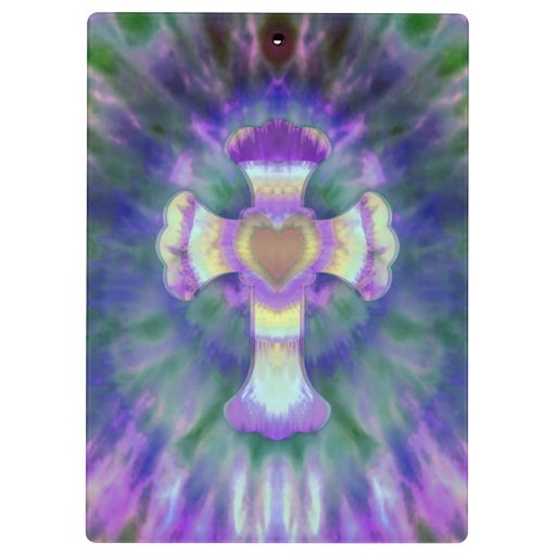 Tye Dye Cross with Heart Center in Purple, Blue Clipboards | Zazzle