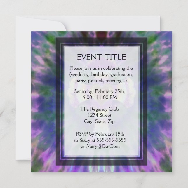 Tye Dye Cross with Heart Center in Purple, Blue Invitation (Front)
