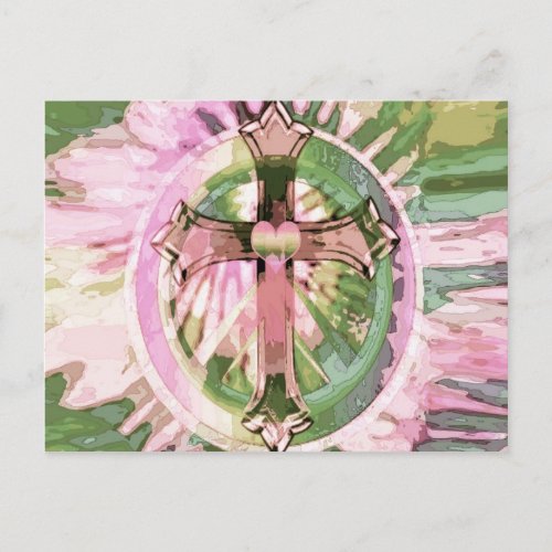 Tye dye rainbow cross with heart by Amelia Carrie Postcard