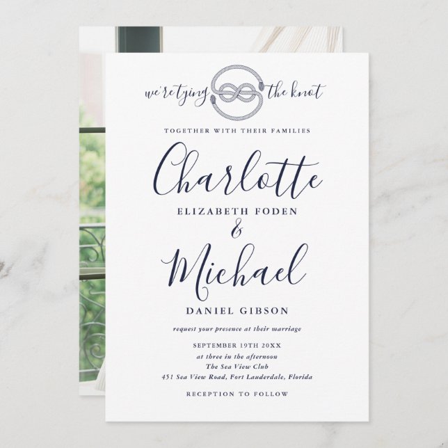Tying Knot Navy Blue Script Photo Nautical Wedding Invitation (Front/Back)