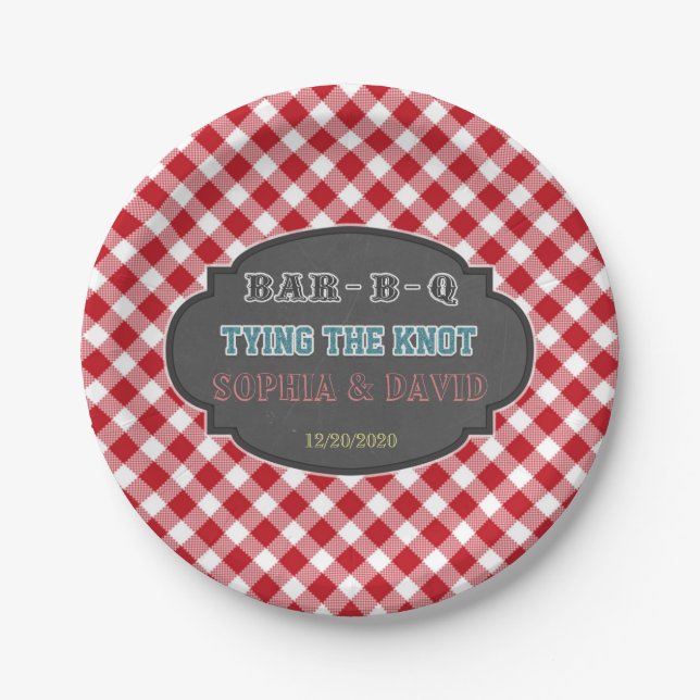 Tying the Knot BBQ Gingham Engagement Paper Plates (Front)
