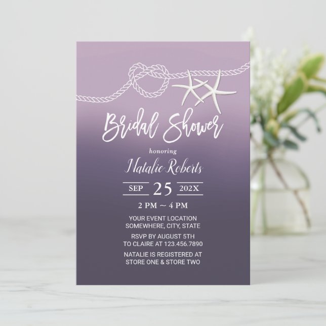 Tying the Knot Beach Starfish Purple Bridal Shower Invitation (Standing Front)