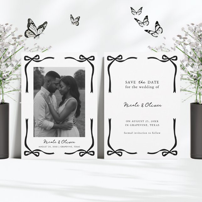 Tying the Knot Black Bow Modern Photo Wedding Save The Date (Creator Uploaded)