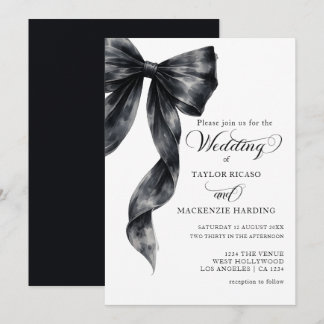 Tying the Knot Black Ribbon Watercolor Wedding Invitation