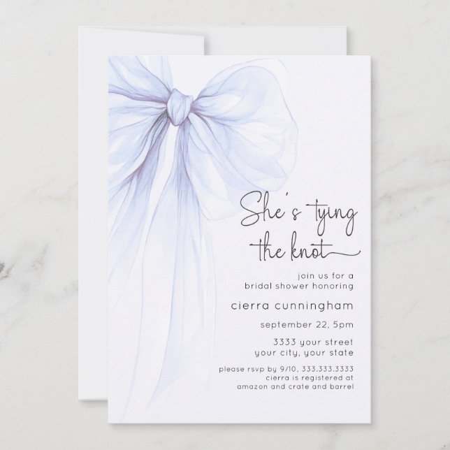 Tying the Knot Blue Coquette Bow Bridal Shower Invitation (Front)