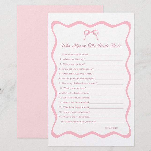 Tying the Knot Bridal Shower Who Knows Bride Game (Front/Back)