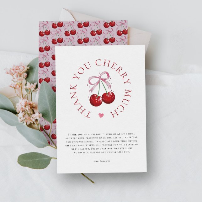 Tying the Knot Chic Modern Cherry Bridal Shower Thank You Card (Creator Uploaded)