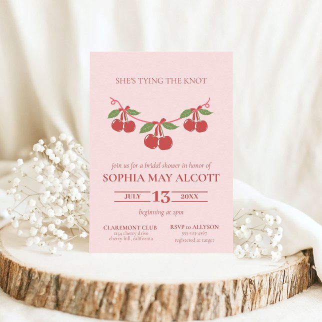 Tying the Knot Coquette Cherry Bows Bridal Shower Invitation (Creator Uploaded)