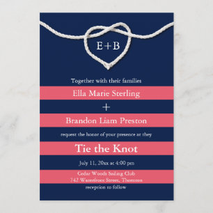 Tying the Knot Coral & Navy Wedding Invitation