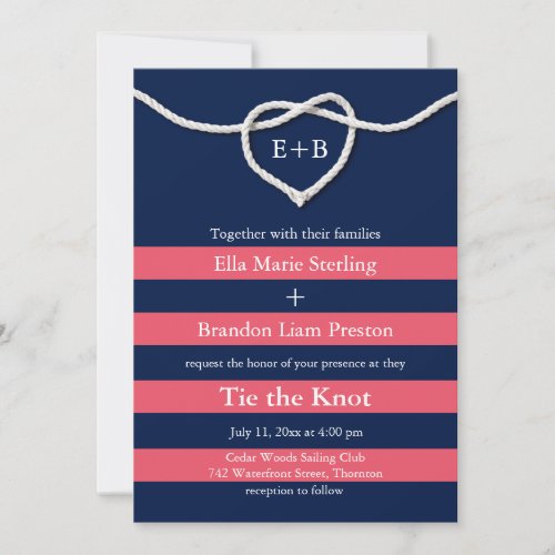 Tying the Knot Coral  Navy Wedding Invitation