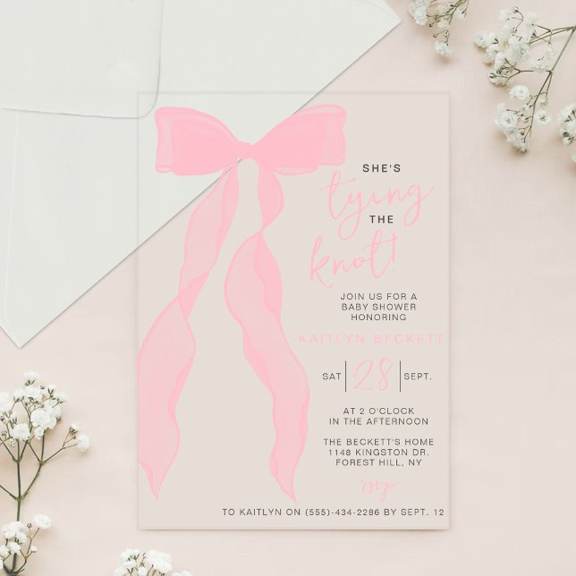 Tying The Knot Elegant Pink Bow Bridal Shower Acrylic Invitations (Creator Uploaded)