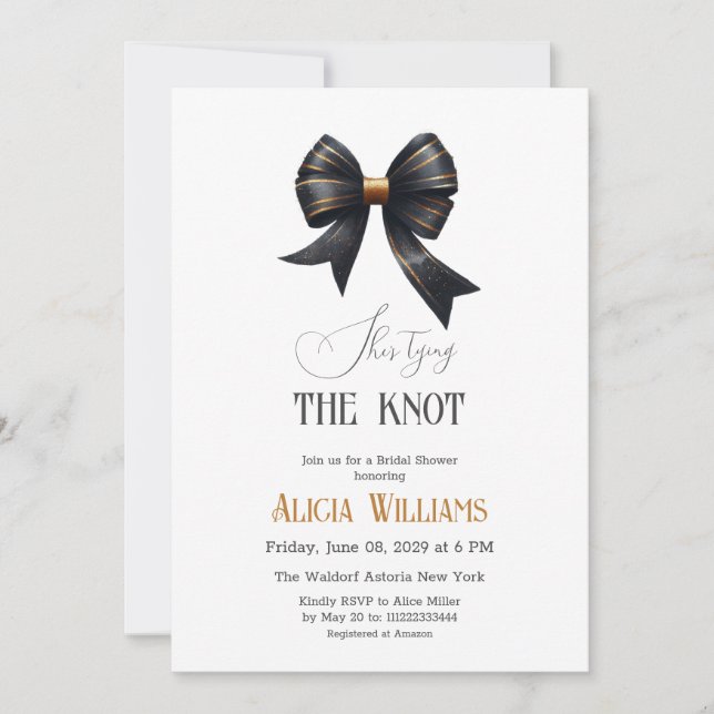 Tying the Knot Gold Black Bow Bridal Shower Invitation (Front)