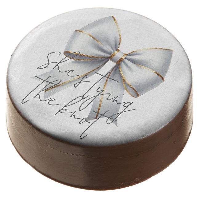 Tying the Knot Gold White Bow Bridal Shower Chocolate Covered Oreo (Angled)