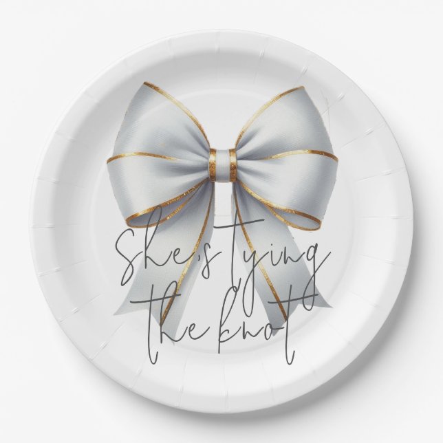 Tying the Knot Gold White Bow Bridal Shower Paper Plates (Front)