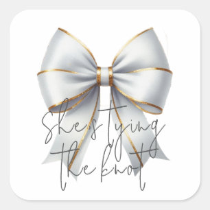 Tying the Knot Gold White Bow Bridal Shower Square Sticker