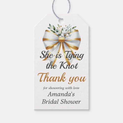 Tying the Knot Gold White Bow Floral Bridal Shower Gift Tags