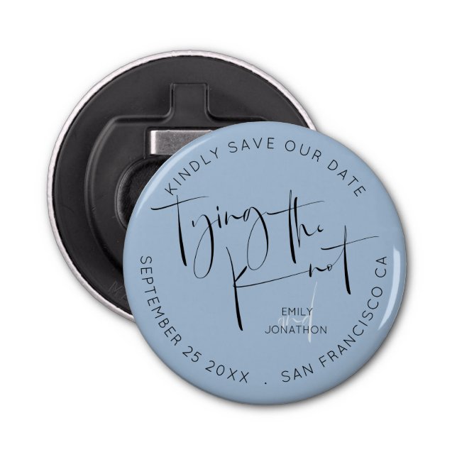 Tying The Knot Keepsake Dusty Blue Save The Date Bottle Opener (Front)