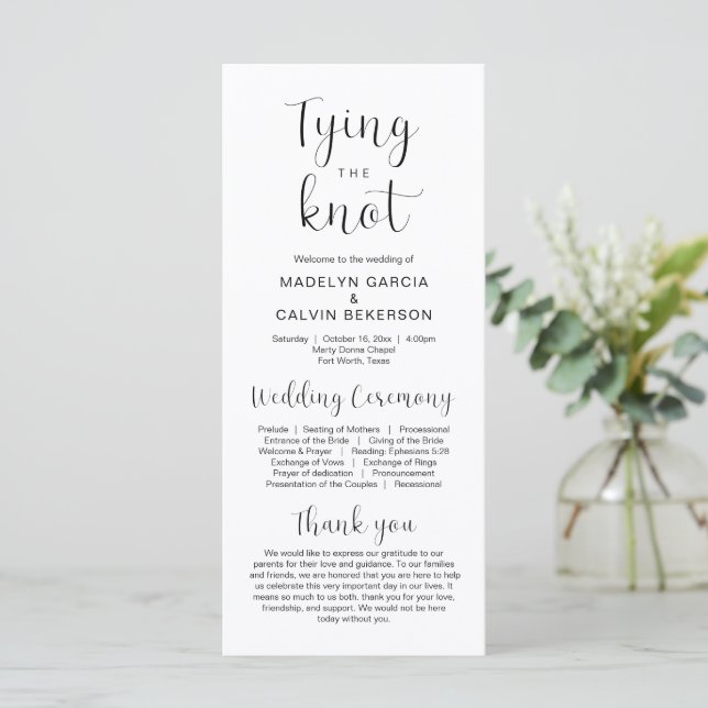 Tying the knot, Modern Wedding Ceremony Program (Standing Front)