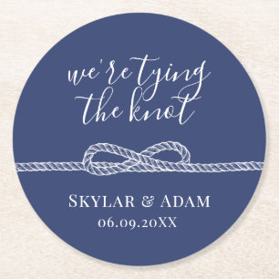 Tying the Knot Nautical Blue Save the Date Round Paper Coaster