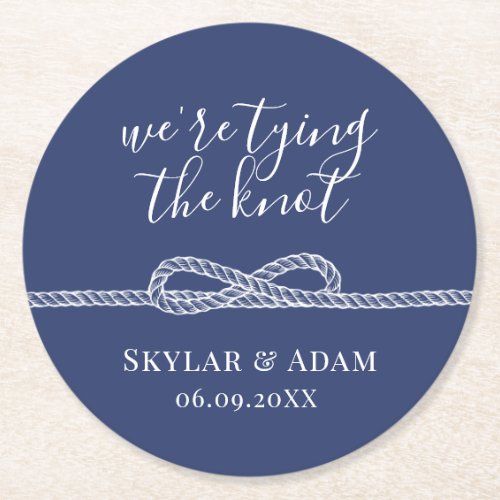 Tying the Knot Nautical Blue Save the Date Round Paper Coaster