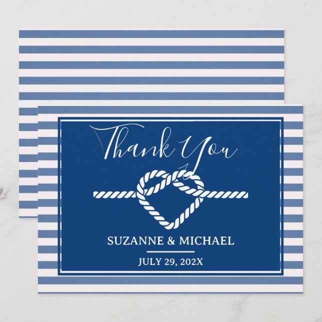 Tying the Knot Nautical Stripes Navy Blue Wedding  Thank You Card (Front/Back)