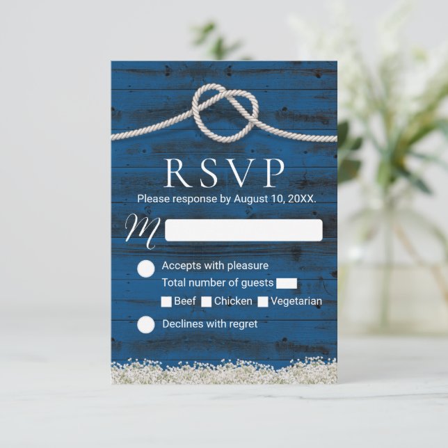 Tying the Knot Navy Wood Rustic Wedding RSVP Card (Standing Front)