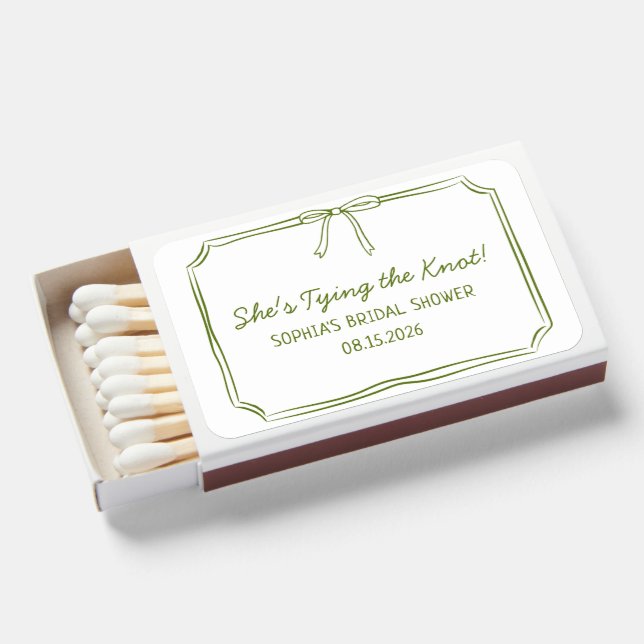 "Tying the Knot" Olive Green Bow Bridal Shower  Matchboxes (Front Open)