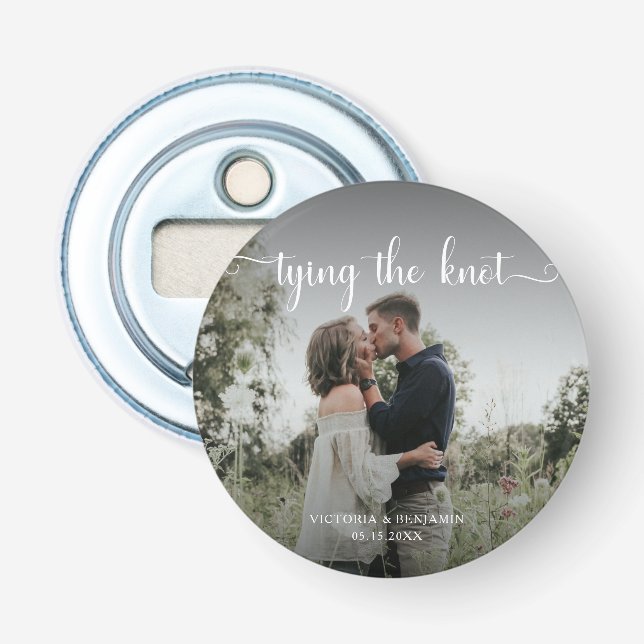 Tying the Knot Photo Overlay Modern Minimal Script Bottle Opener (Front)