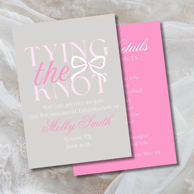 Tying the Knot Pink Bow Bachelorette Itenirary Invitation (Tying the Knot bow invite with modern serif font – perfect for bachelorette or bridal celebrations!)