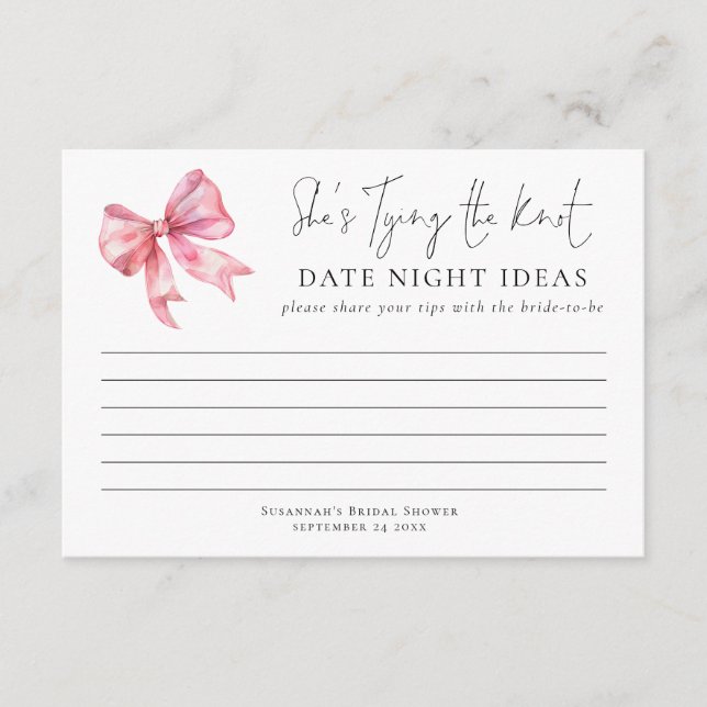 Tying The Knot Pink Bow Date Night Ideas Card (Front)