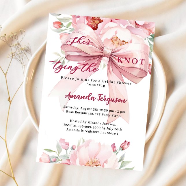Tying the knot pink bow florals Bridal Shower Invitation (Creator Uploaded)