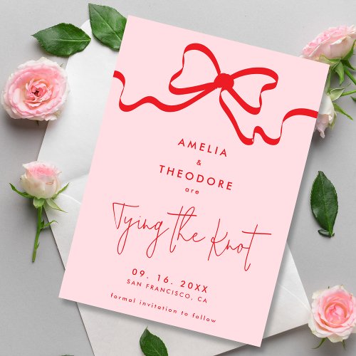 Tying the Knot Pink Red Bow Save the Date Wedding Invitation