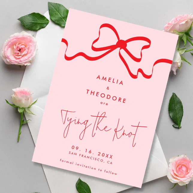 Tying the Knot Pink Red Bow Save the Date Wedding Invitation Zazzle