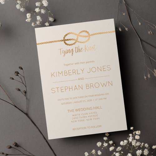Tying the Knot Quote Mode Ivory Gold Wedding Invitation