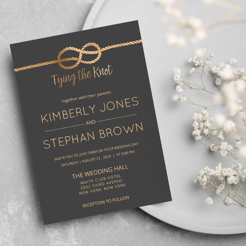 Tying the Knot Quote Modern Chic Gray Gold Wedding Invitation