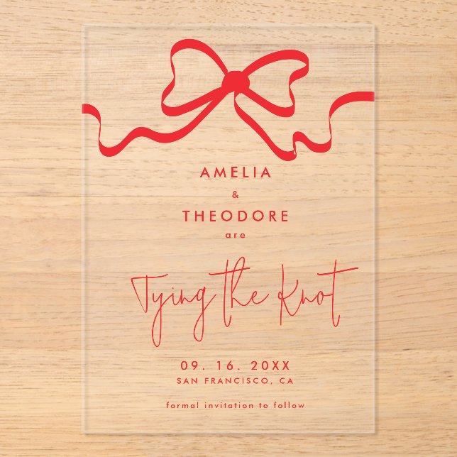 Tying the Knot Red Bow Save the Date Wedding (Front)