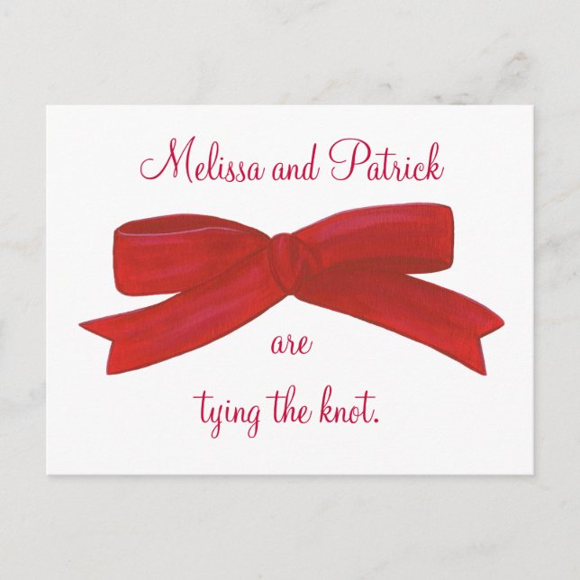 Tying the knot Red Bow Wedding Invitation postcard (Front)