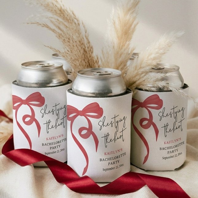 Tying the Knot Red Coquette Bow Bachelorette Party Can Cooler (Creator Uploaded)