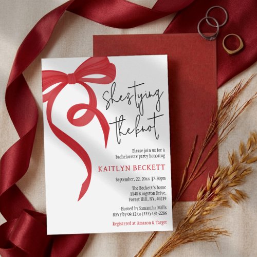 Tying the Knot Red Coquette Bow Bachelorette Party Invitation