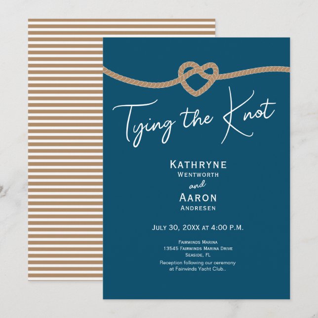 Tying the Knot Rope Coastal Blue Nautical Wedding  Invitation (Front/Back)