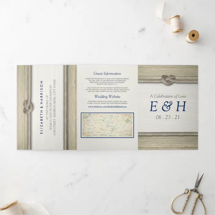 Personalised Rustic Rope Knot Wedding Day & Evening Invitation with envelopes 